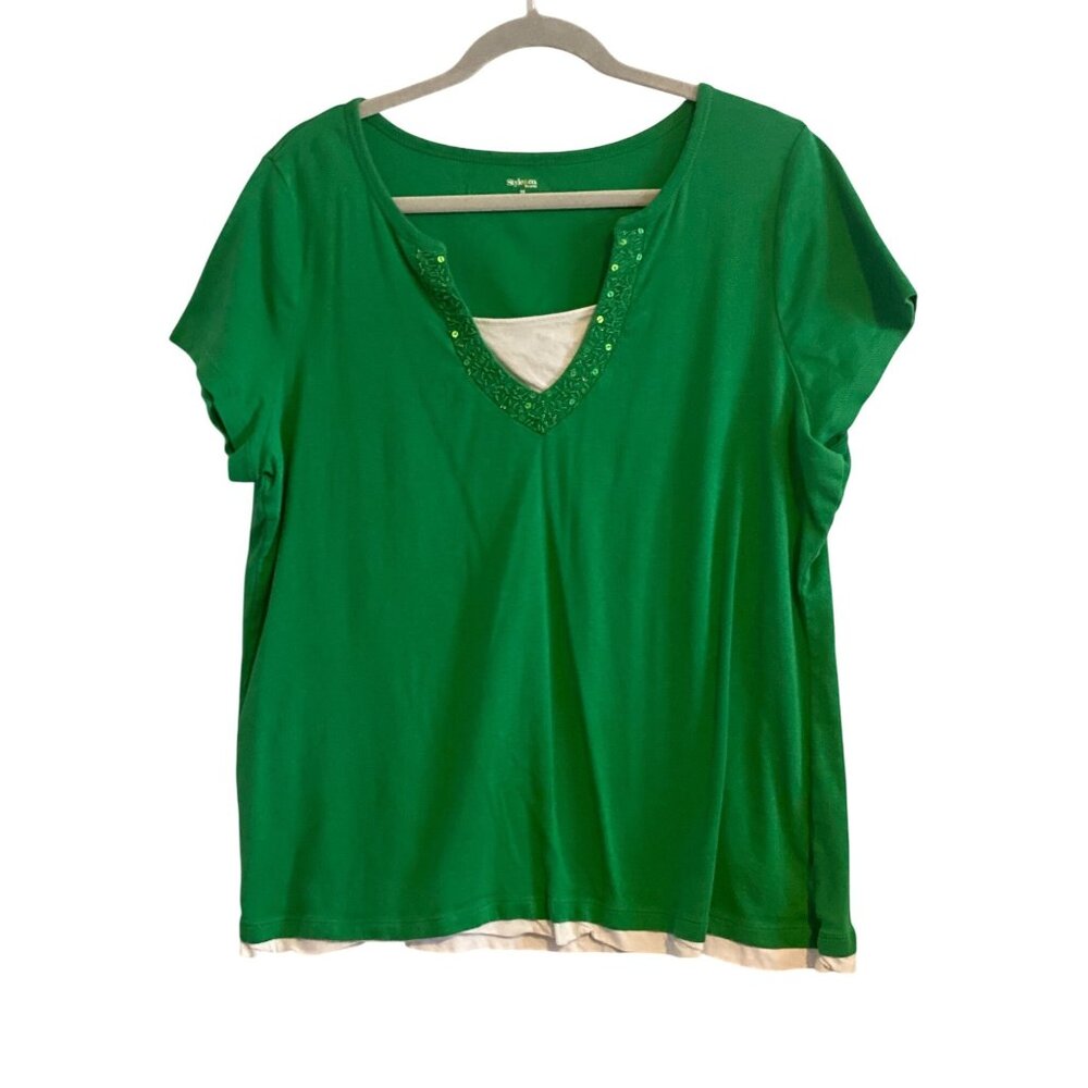 VTG Style & Co Top SS Green White Beaded Embellished Neck Woman 2X Plus